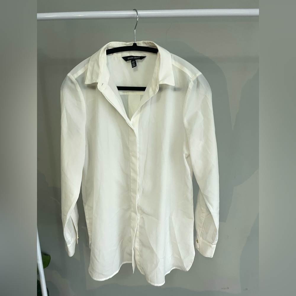 Ellen Tracy White Gold Button Blouse Dress Shirt Size S